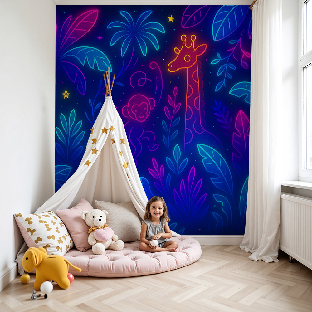 Kids-Mundo neon jungle animals wall mural styled in a nursery, glowing monkey and toucan on dark leaves.