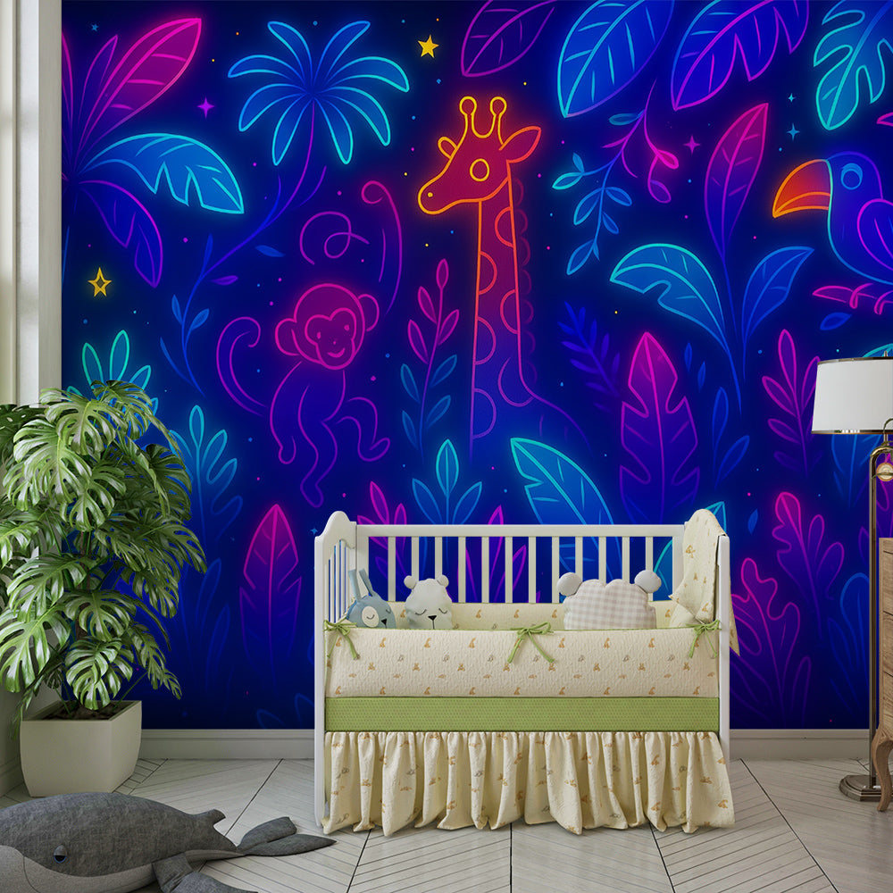 Kids-Mundo neon jungle animals mural in a playroom, glowing giraffe and toucan behind toy storage.
