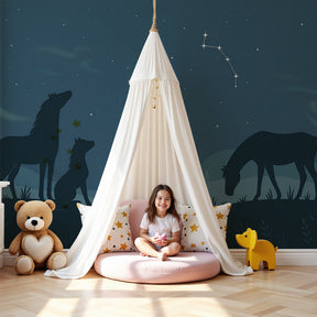 Night animals mural wallpaper with starry sky creating magical kids bedroom decor by Kids-Mundo