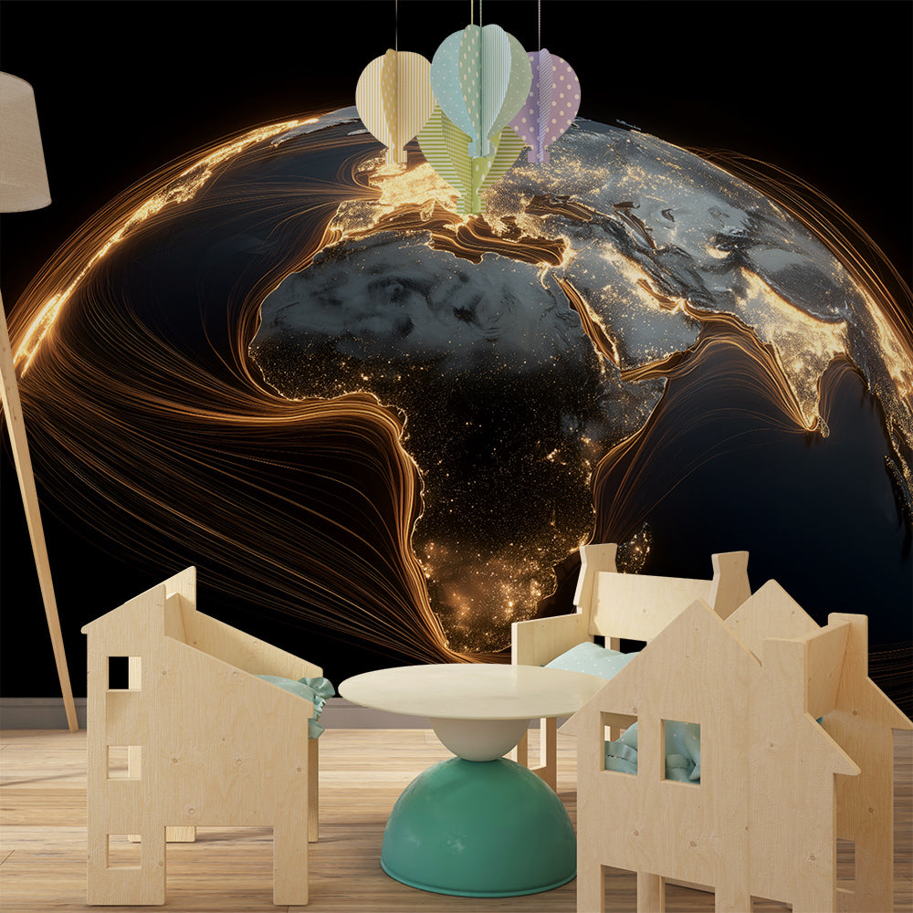 Night Earth world map wall mural by Kids-Mundo covering a feature wall in a kids bedroom