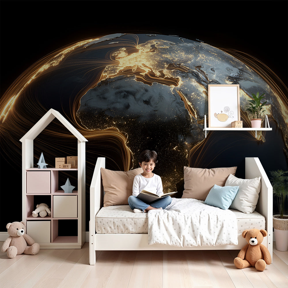Kids-Mundo glowing night Earth world map wall mural above a bed in a child's nursery