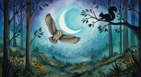 Detailed night forest mural wallpaper design pattern with owl and squirrel by Kids-Mundo