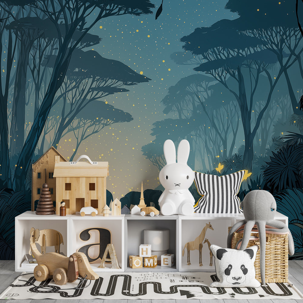 Kids-Mundo starlit jungle wall mural styled in a dreamy children's bedroom