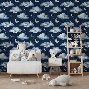 Dreamy cloud and moon wallpaper creating calming atmosphere in children's bedroom
