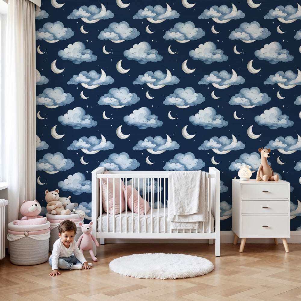 Night sky mural wallpaper with soft clouds and silver moons in peaceful nursery by Kids-Mundo