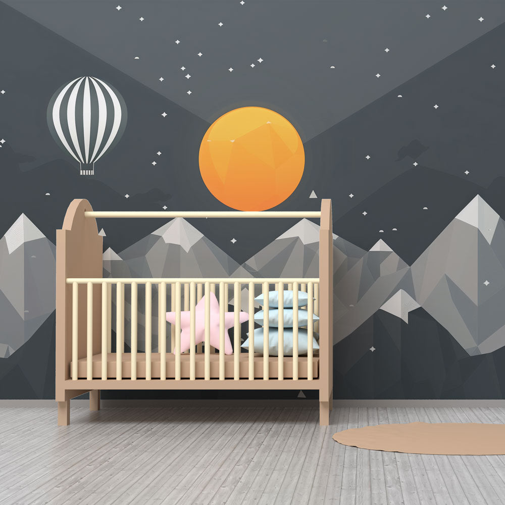 Hot air balloon night sky mural wallpaper inspiring imagination in children's playroom decor