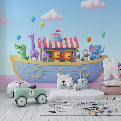 Kids-Mundo colourful animal ark wall mural made to measure on a feature wall in a bedroom