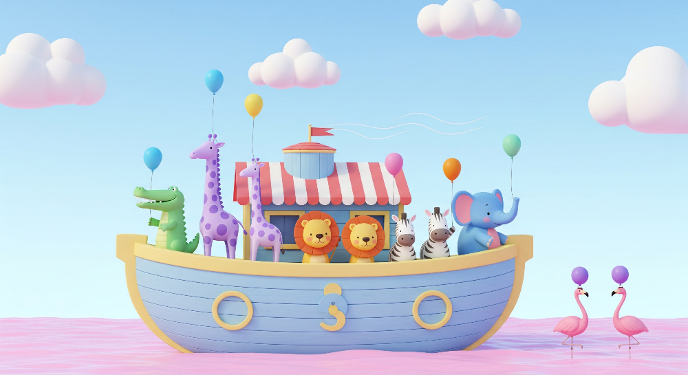 Kids-Mundo flat artwork preview of the Noah's Ark animal friends wall mural design