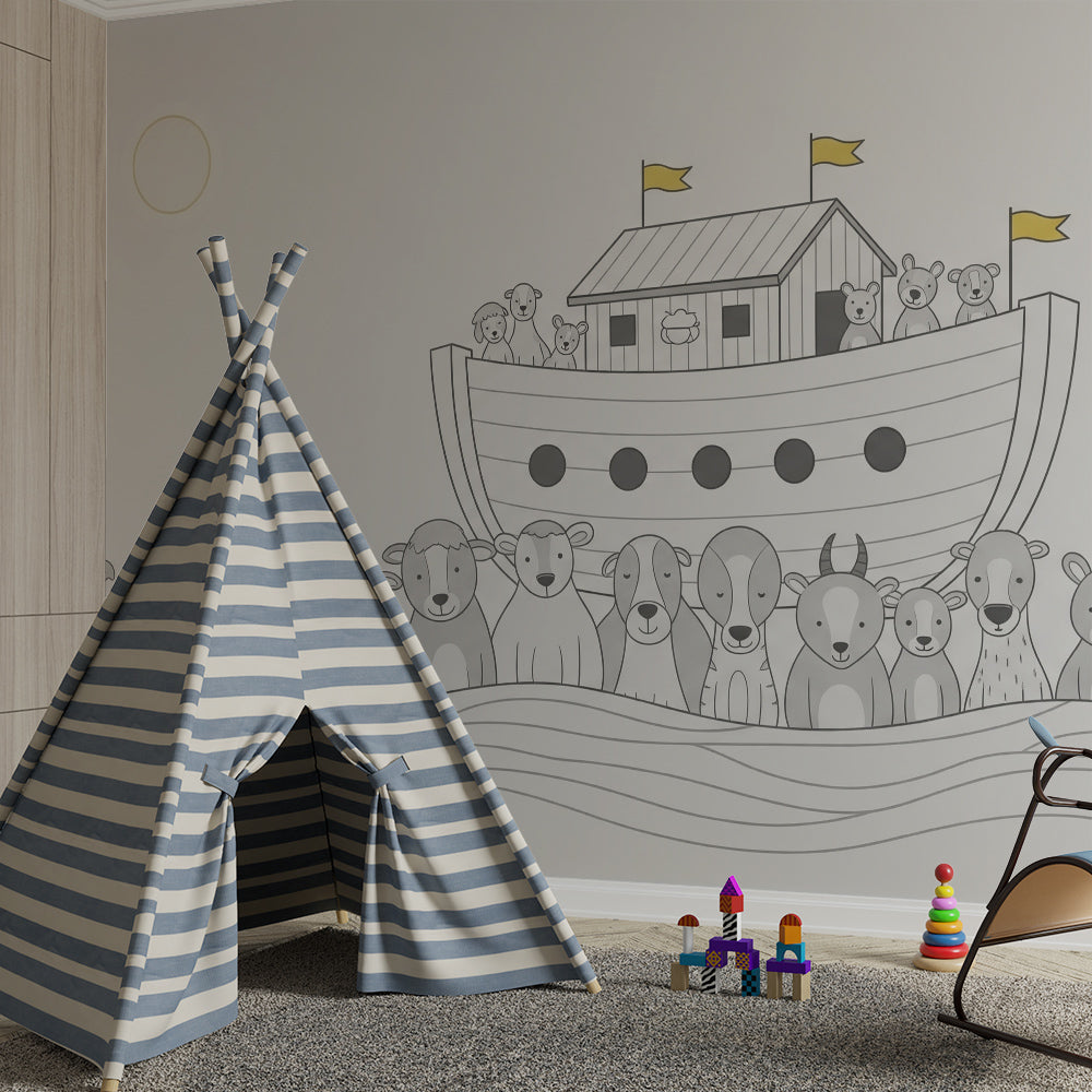 Kids-Mundo Noah's Ark animals wall mural styled in a calm baby's bedroom setting