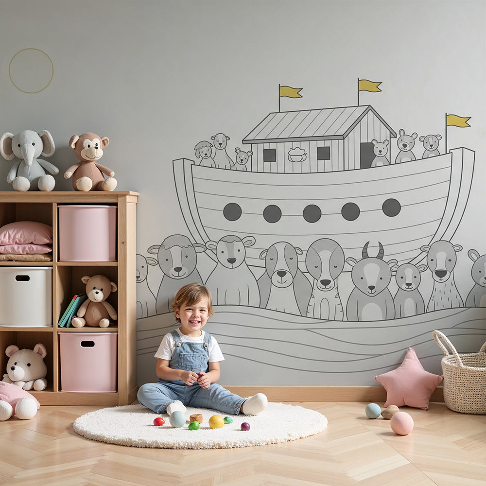 Kids-Mundo Noah's Ark wall mural in a soft grey nursery with white cot and rug