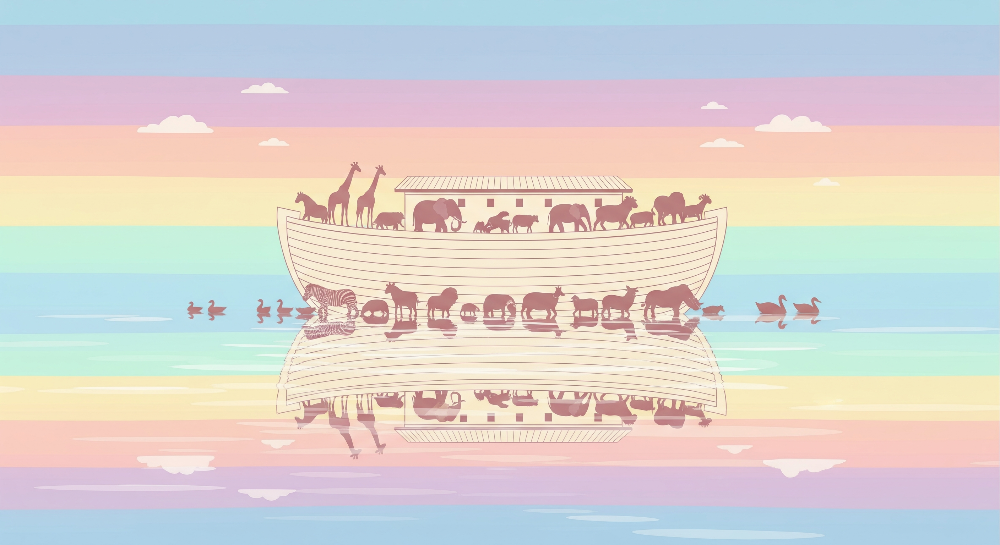 Noah's Ark with Animals on a Pastel Rainbow Wall Mural