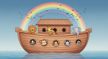 Kids-Mundo flat artwork of a wooden ark with rainbow and animal friends for a wall mural.