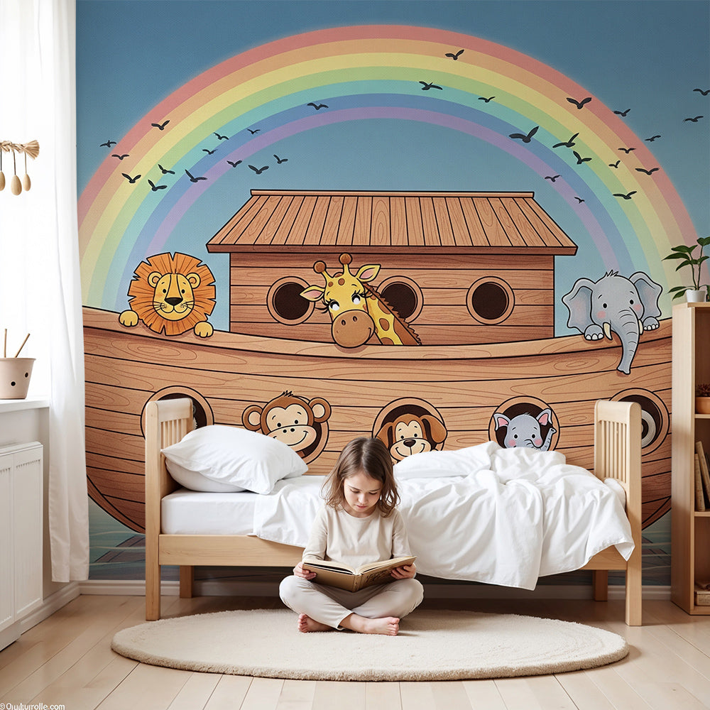 Kids-Mundo Noah's ark wall mural with rainbow and animals printed made to measure in a nursery.