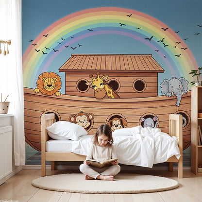 Kids-Mundo Noah's ark wall mural with rainbow and animals printed made to measure in a nursery.