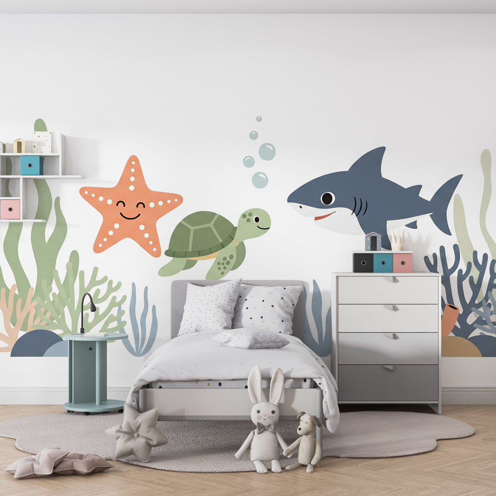 Underwater themed mural wallpaper creating magical marine atmosphere in children's bedroom