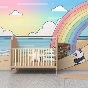 Marine themed mural wallpaper creating magical children's bedroom decor with rainbow and animals