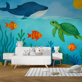 Underwater theme wallpaper creating marine sanctuary in children's bedroom decor
