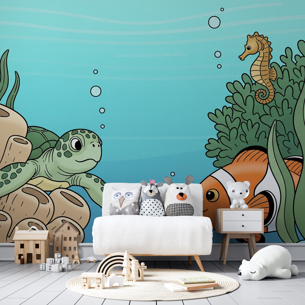 Sea turtle and clownfish mural wallpaper showing vibrant coral reef design for kids rooms