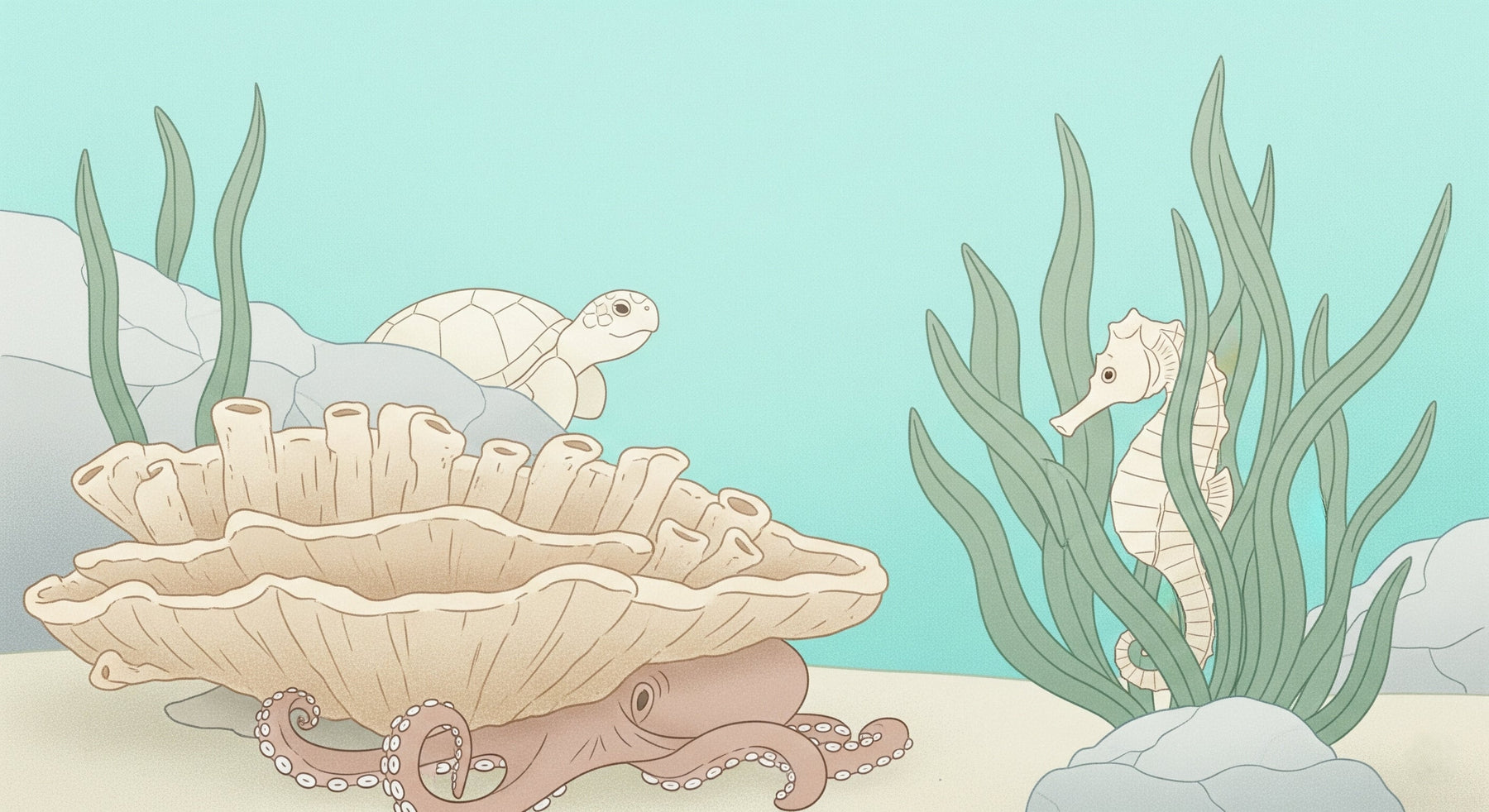 Detailed ocean adventure mural wallpaper design pattern with turtle octopus by Kids-Mundo