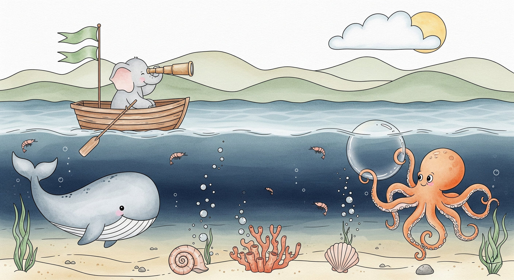 Detailed ocean adventure mural wallpaper design pattern with elephant octopus and whale by Kids-Mundo