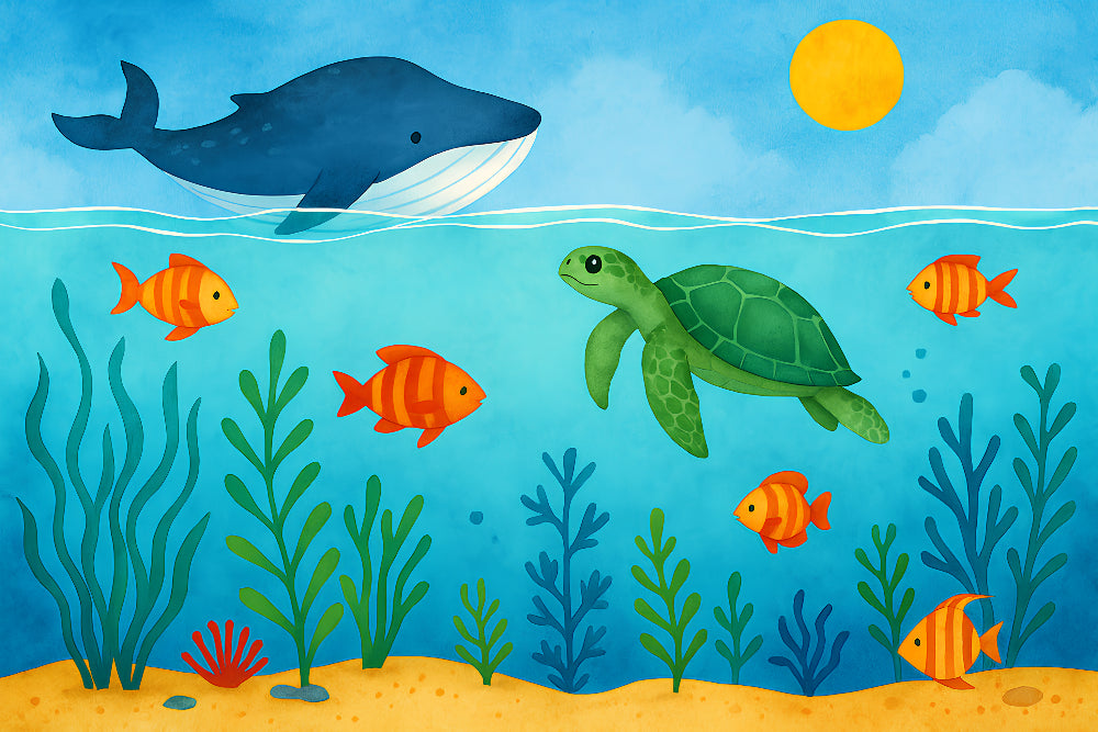 Detailed ocean adventure mural wallpaper design pattern with whale turtle and fish by Kids-Mundo