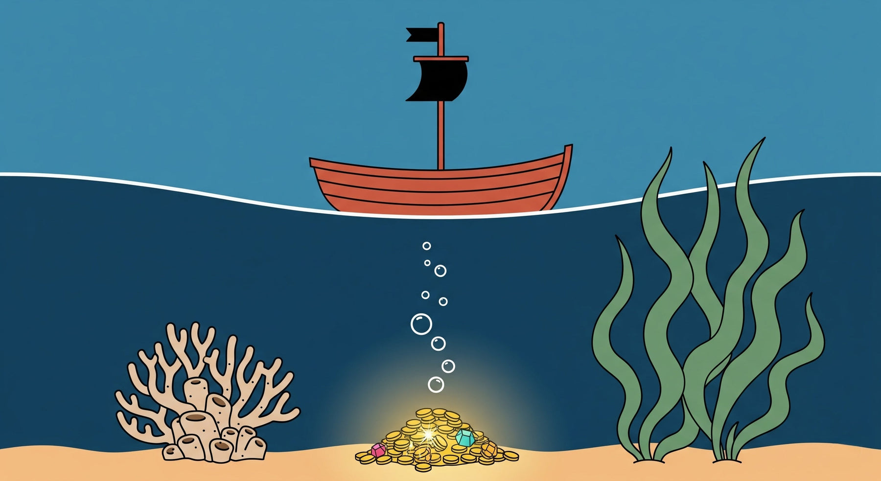 Detailed ocean adventure mural wallpaper design pattern with treasure and boat by Kids-Mundo