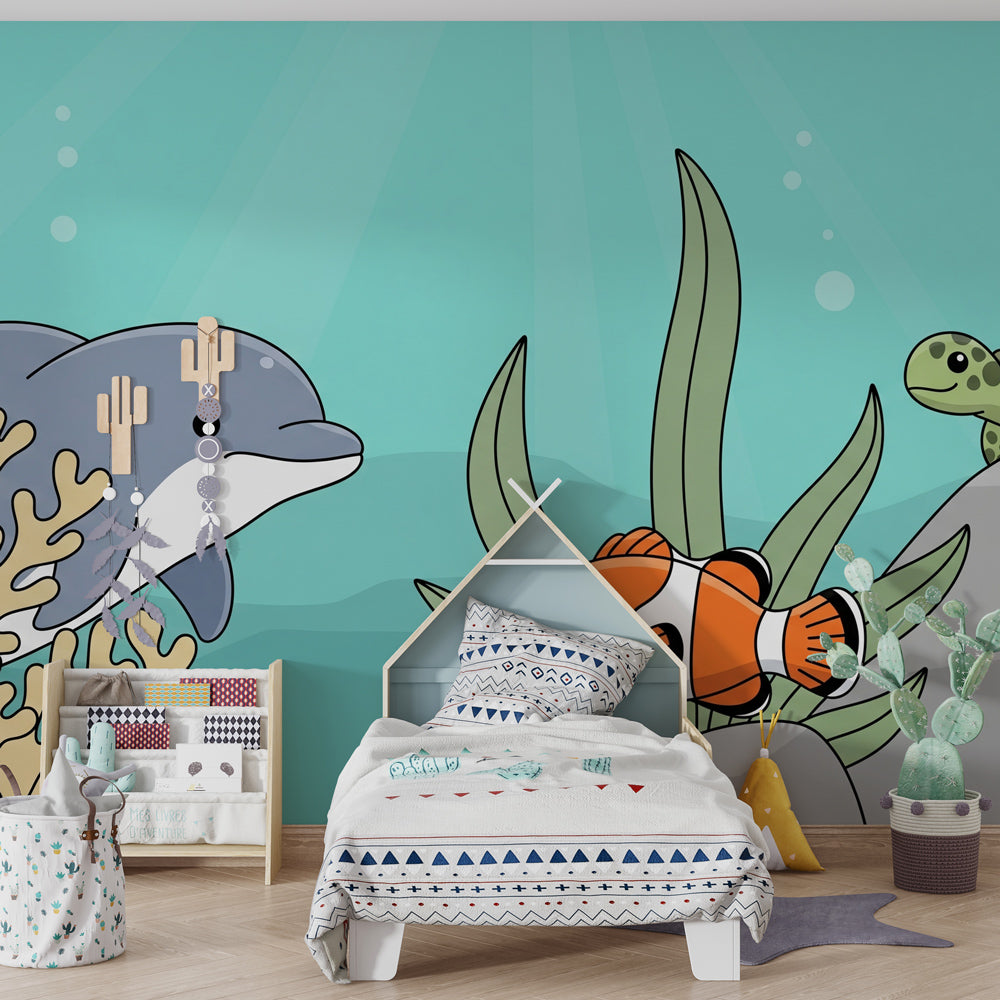 Underwater themed mural wallpaper creating magical ocean atmosphere in children's bedroom