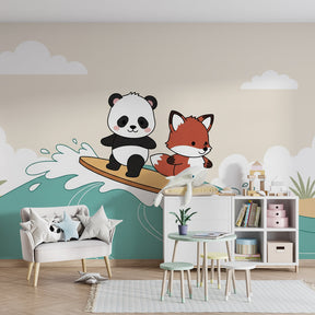 Ocean themed surfing animals wallpaper creating playful kids bedroom decor