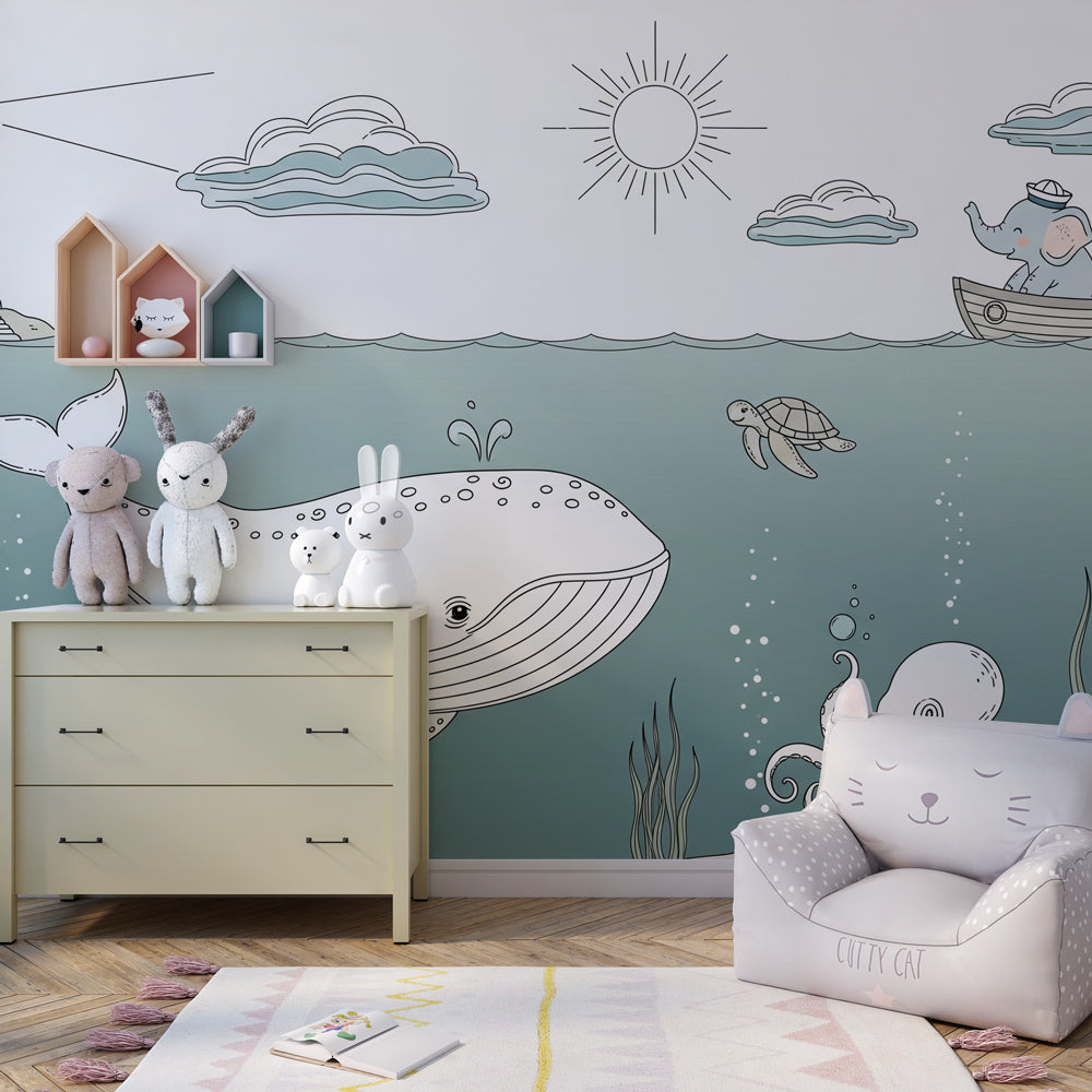 Marine themed mural wallpaper creating underwater world in modern kids bedroom decor
