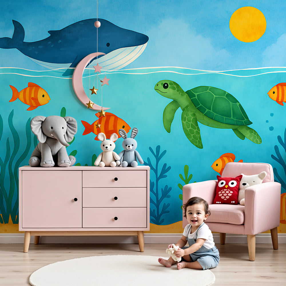 Ocean adventure mural wallpaper with whale and turtle in modern nursery room by Kids-Mundo
