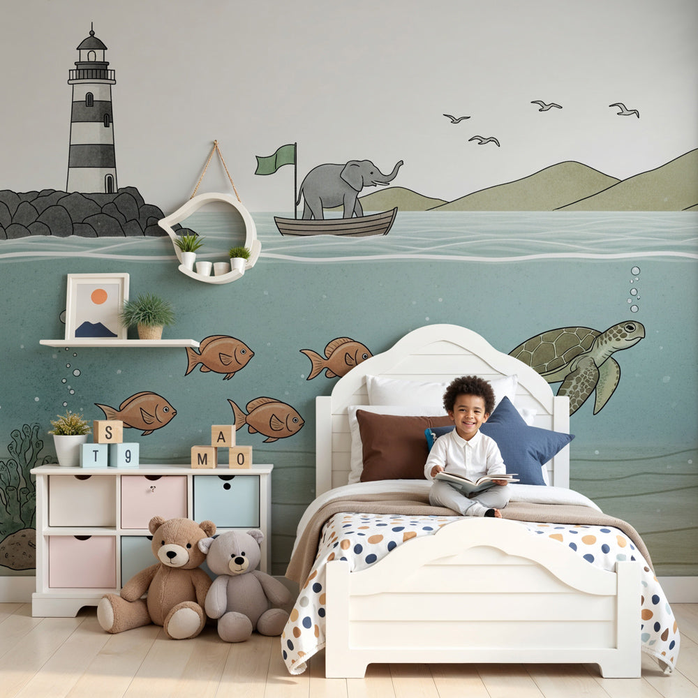 Ocean adventure mural wallpaper with elephant and marine animals in modern nursery by Kids-Mundo