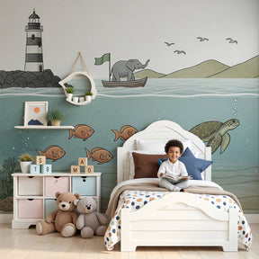Ocean adventure mural wallpaper with elephant and marine animals in modern nursery by Kids-Mundo