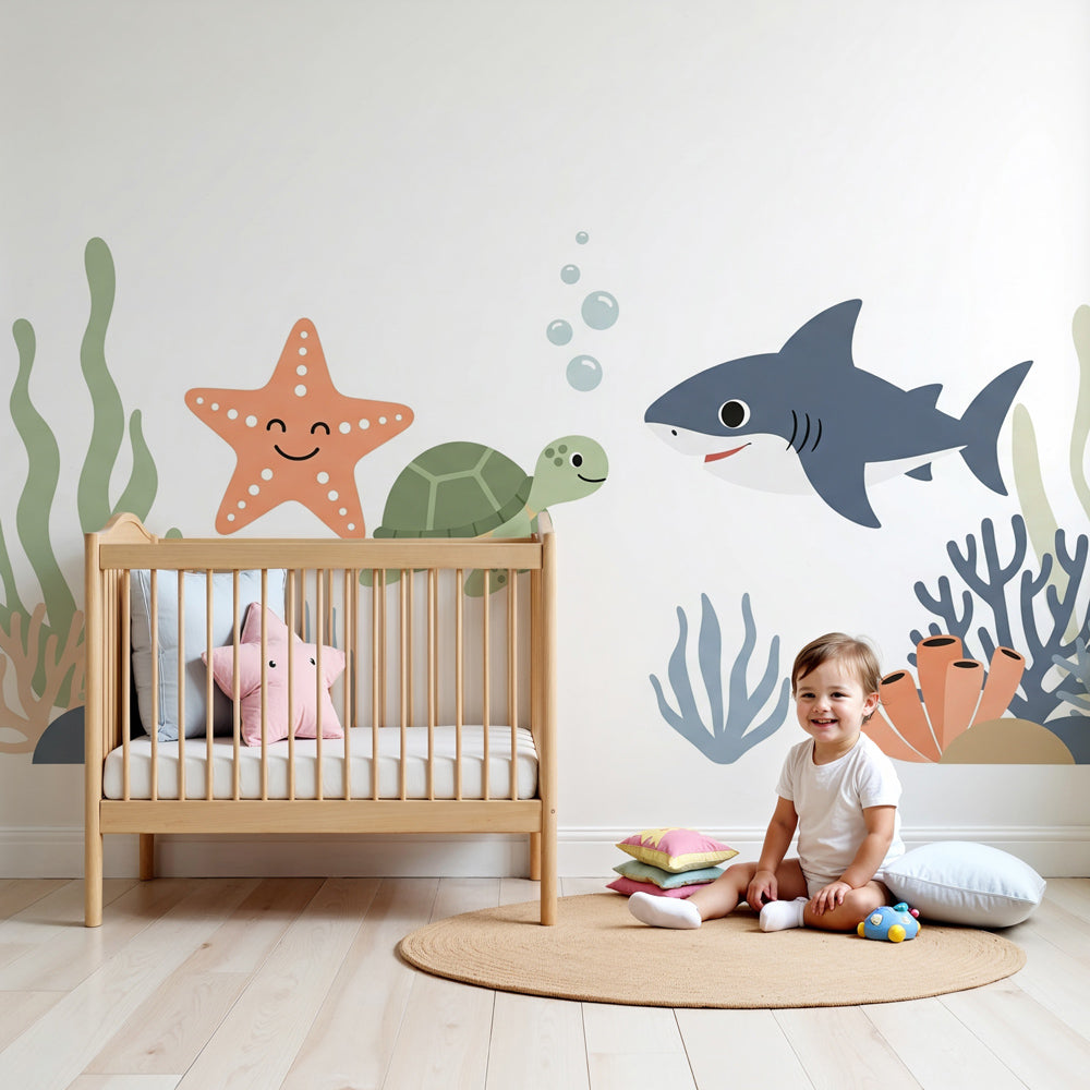 Ocean adventure mural wallpaper with turtle and shark in modern nursery room by Kids-Mundo