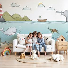 Ocean adventure mural wallpaper with marine animals in modern nursery by Kids-Mundo