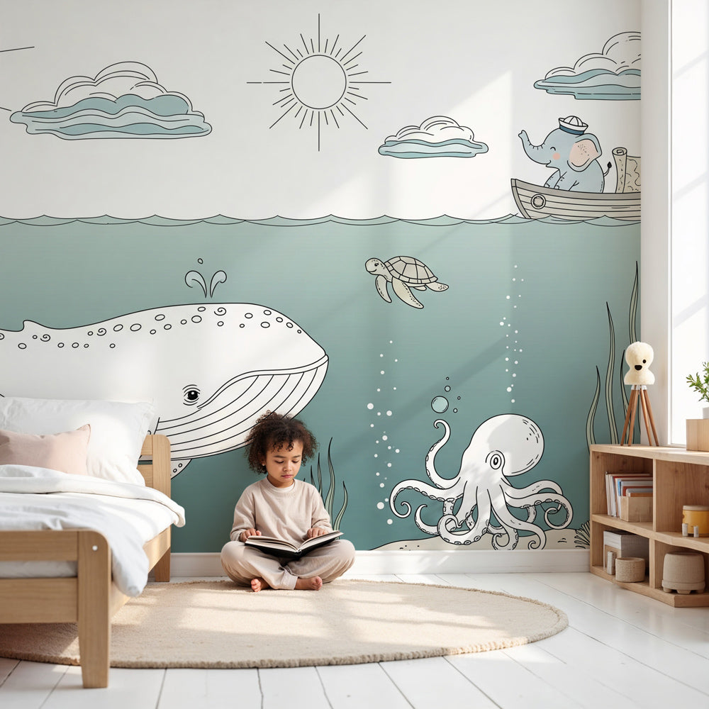 Ocean adventure mural wallpaper with whale and elephant in peaceful baby nursery by Kids-Mundo