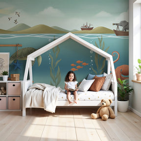 Ocean adventure mural wallpaper creating underwater themed nursery with sea turtle and marine life by Kids-Mundo