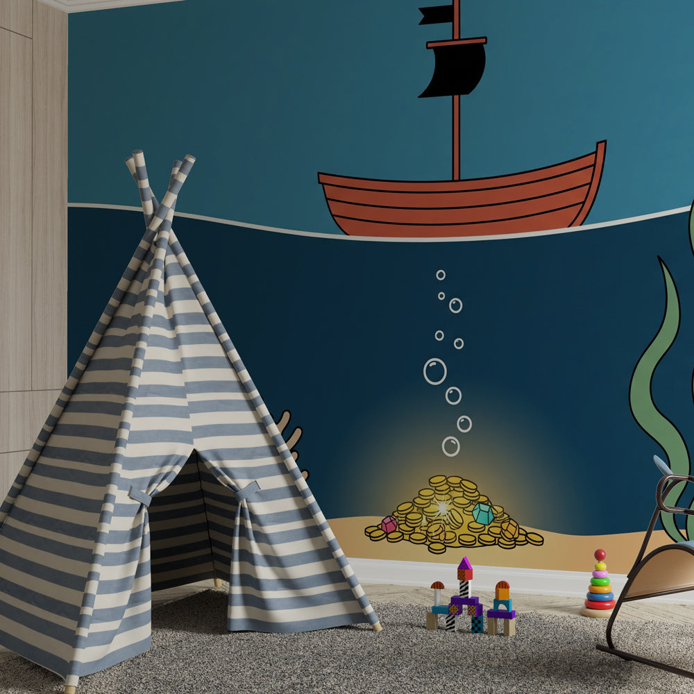 Maritime adventure wallpaper with boat and sea life in bright kids playroom setting