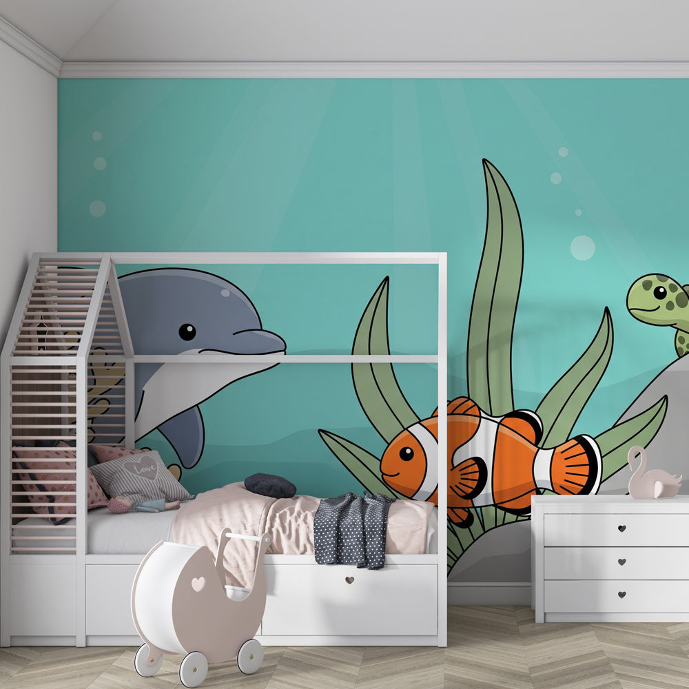 Marine life mural wallpaper featuring dolphins and clownfish in bright kids playroom setting
