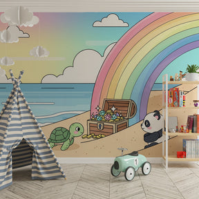 Turtle panda rainbow mural wallpaper transforming kids playroom into ocean adventure space