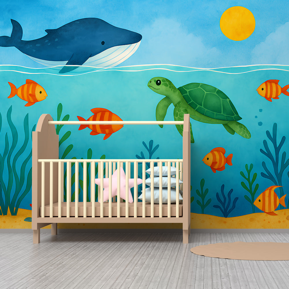 Marine life mural wallpaper featuring colorful fish and sea creatures in kids playroom