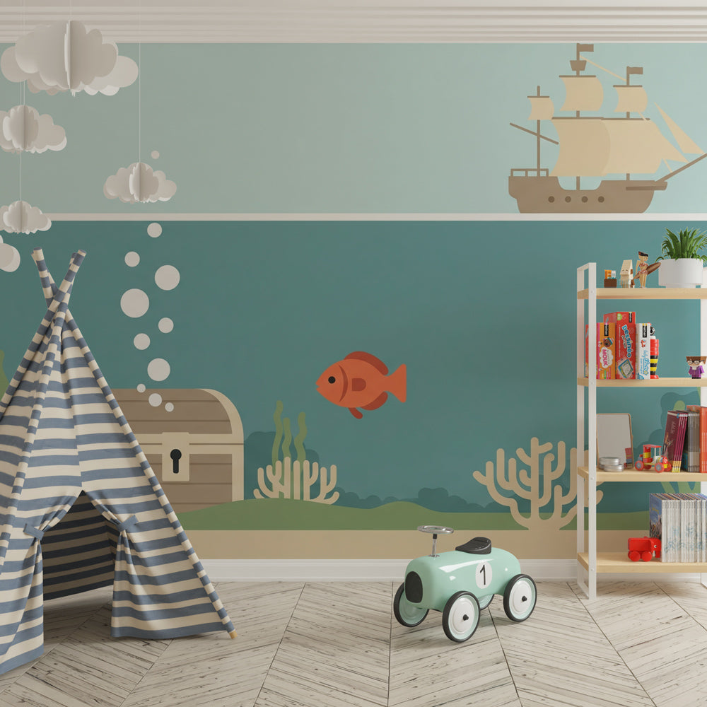Underwater treasure mural wallpaper with sailing ship design for kids playroom by Kids-Mundo