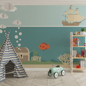 Underwater treasure mural wallpaper with sailing ship design for kids playroom by Kids-Mundo