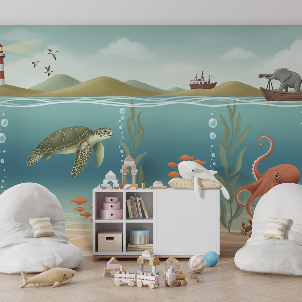 Marine themed mural wallpaper for kids playroom featuring turtle, octopus and coral reef design