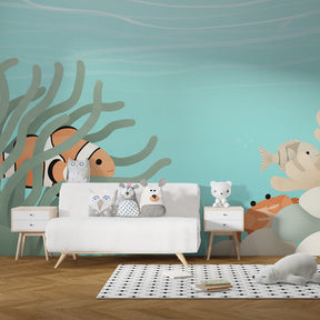 Soothing ocean wallpaper creating peaceful underwater atmosphere in children's room