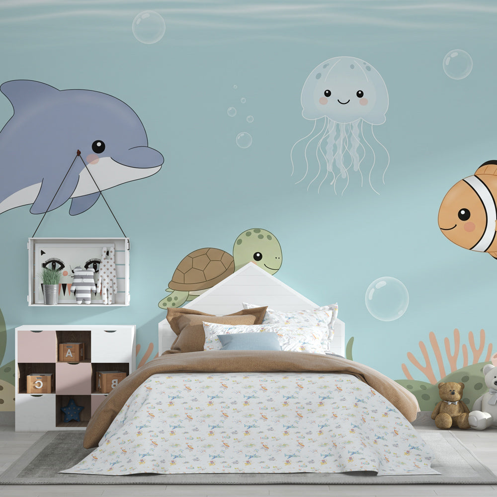 Underwater adventure wallpaper in modern kids bedroom featuring marine life and coral reef design