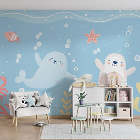Marine life wallpaper creating underwater themed kids bedroom with coral and fish decor