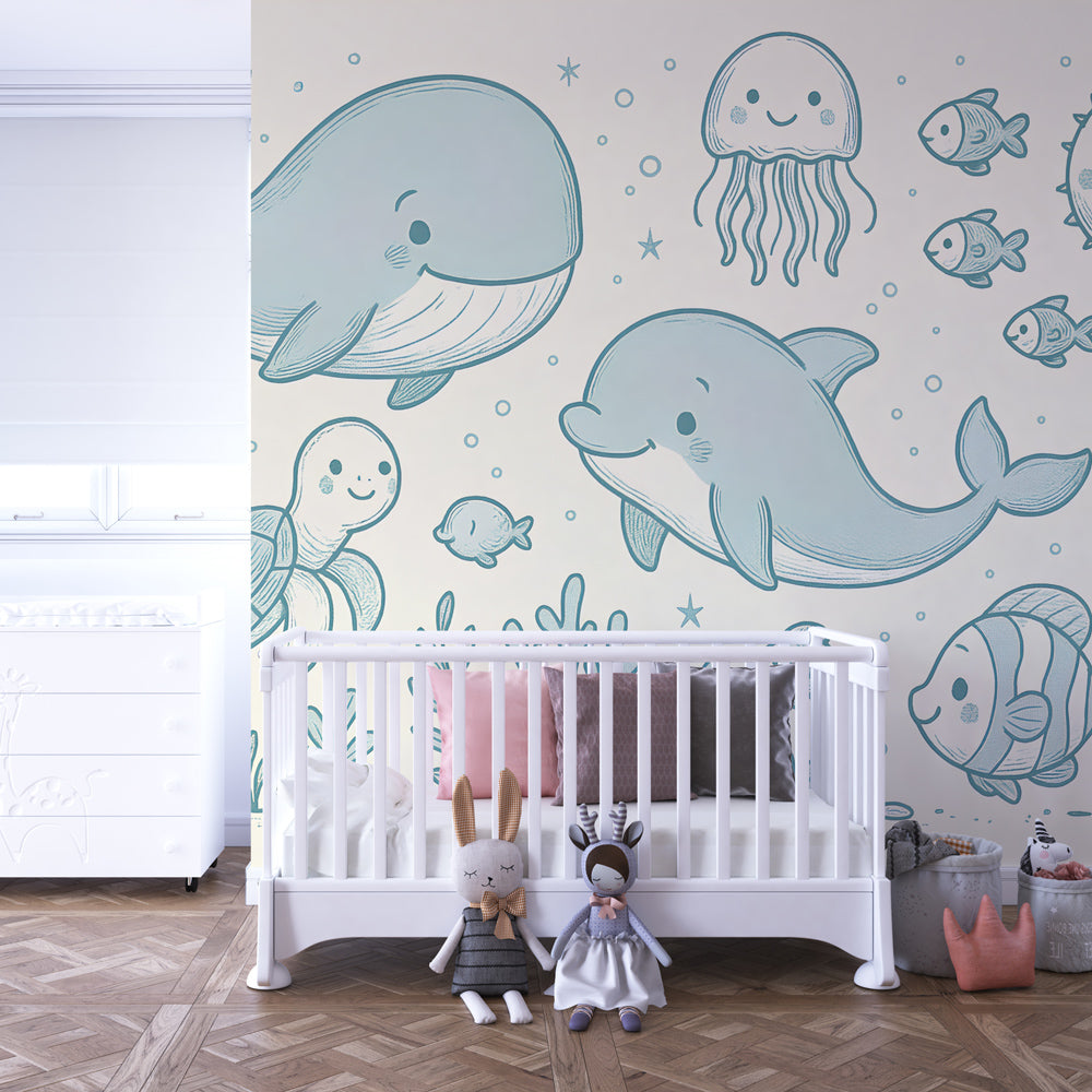 Underwater adventure mural wallpaper creating magical kids bedroom decor with sea creatures
