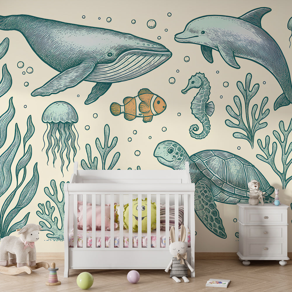 Marine themed mural wallpaper with coral reef and sea creatures in children's bedroom setting