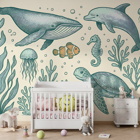 Marine themed mural wallpaper with coral reef and sea creatures in children's bedroom setting