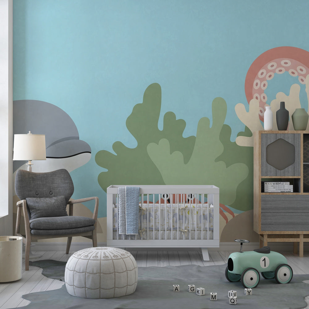 Marine life wallpaper featuring playful dolphins and crabs in coastal children's room setting